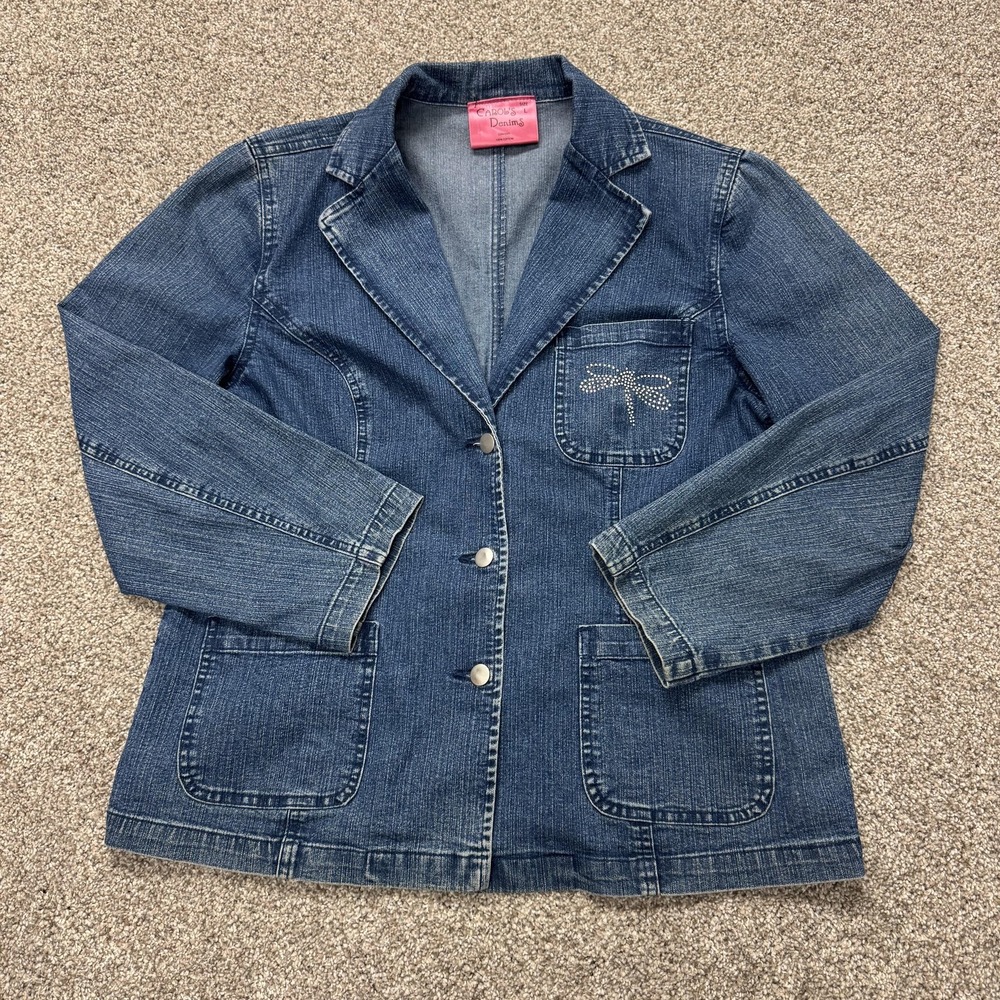 Y2K Carol's Denims Blazer Womens Large Blue Rhinestone Dragonfly Button Front